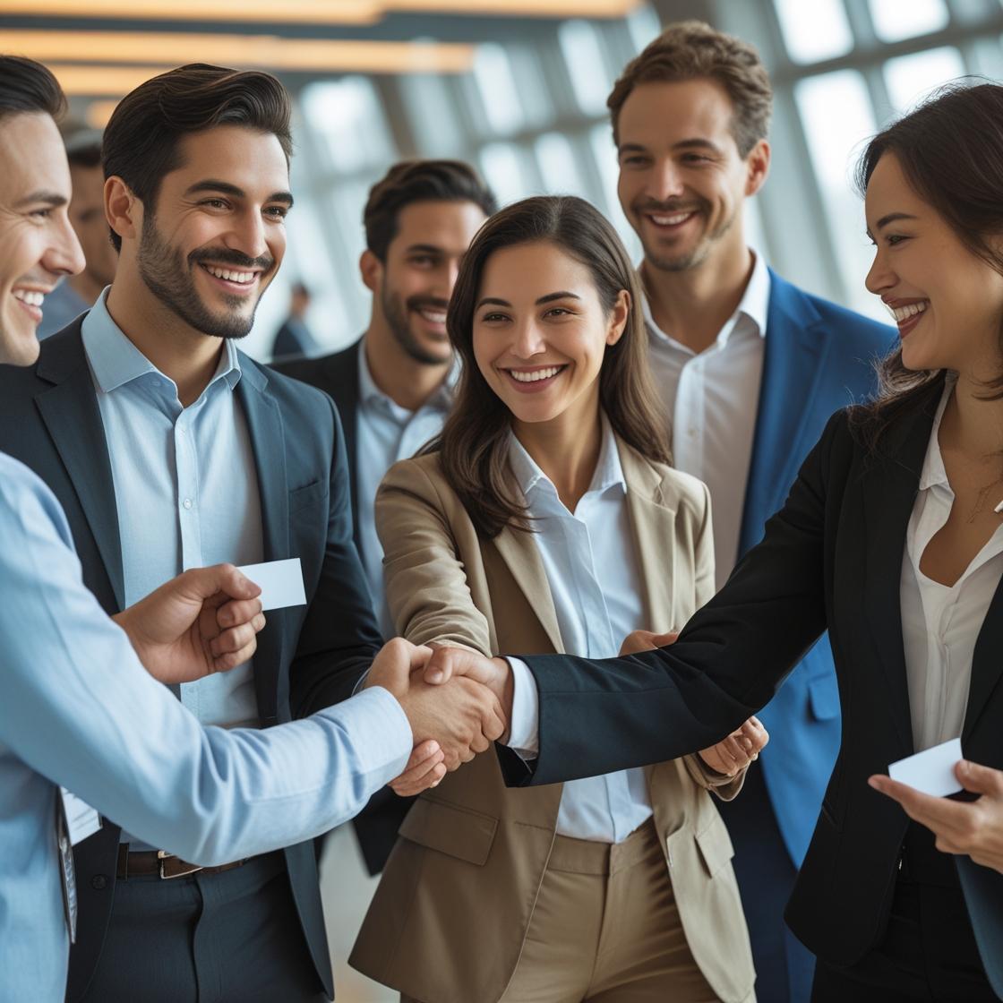 Small business owners networking at an event to build connections and grow their business