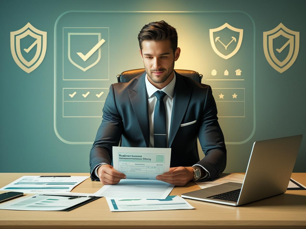 Entrepreneur reviewing business insurance policy with legal advisor in modern office