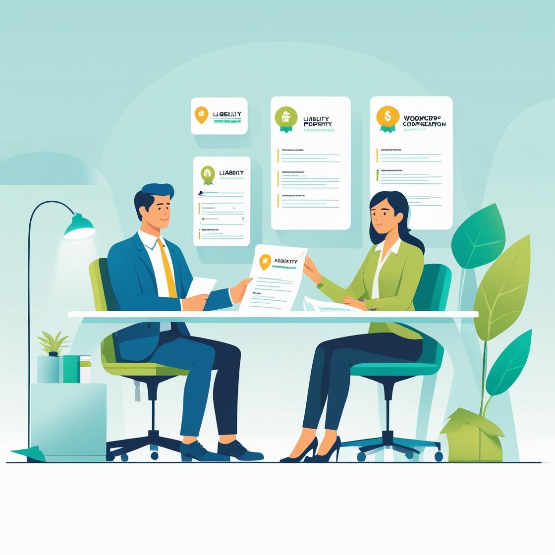 Professional illustration showing a small business owner reviewing multiple insurance policy options with an agent at a desk.