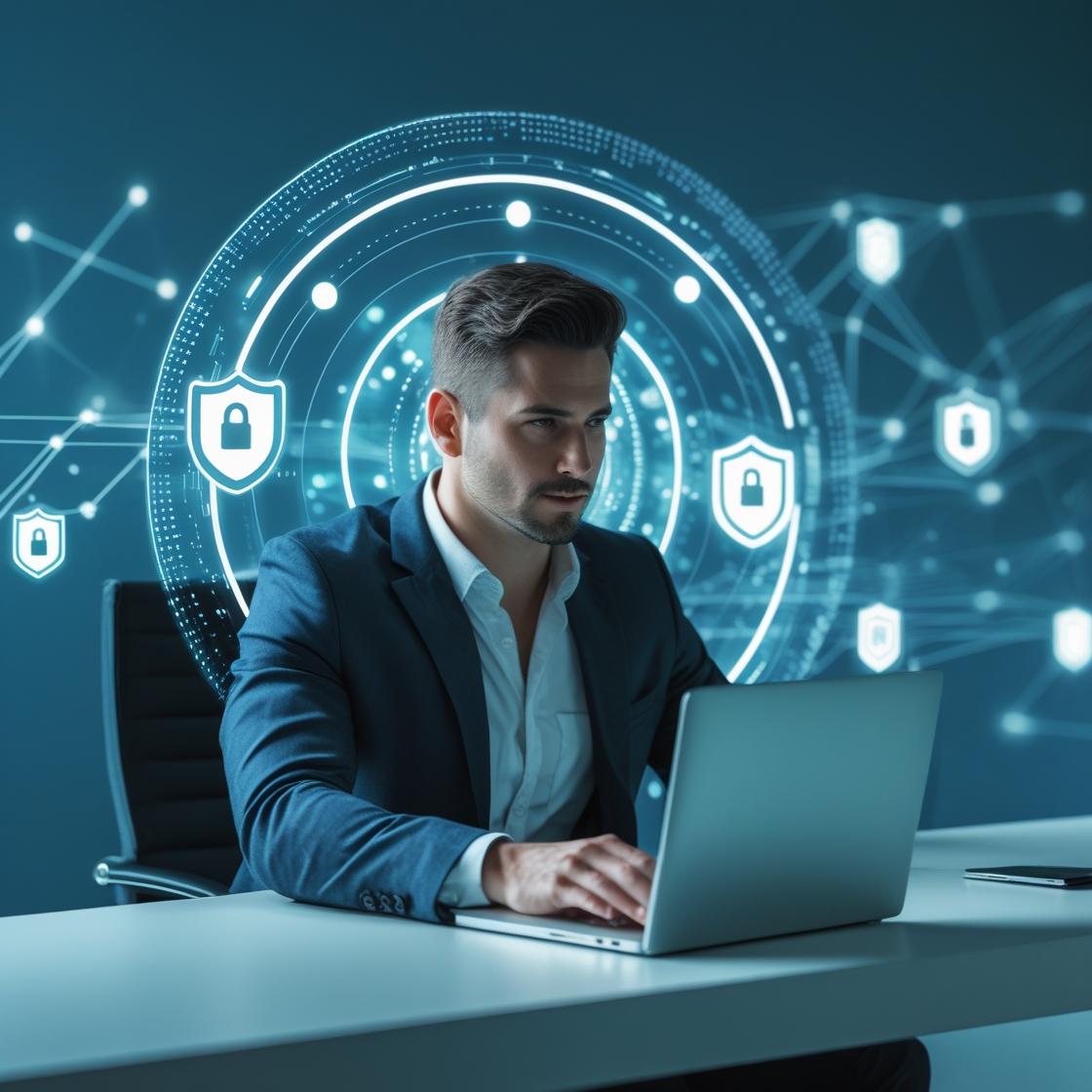 Small business owner securing data with cybersecurity measures