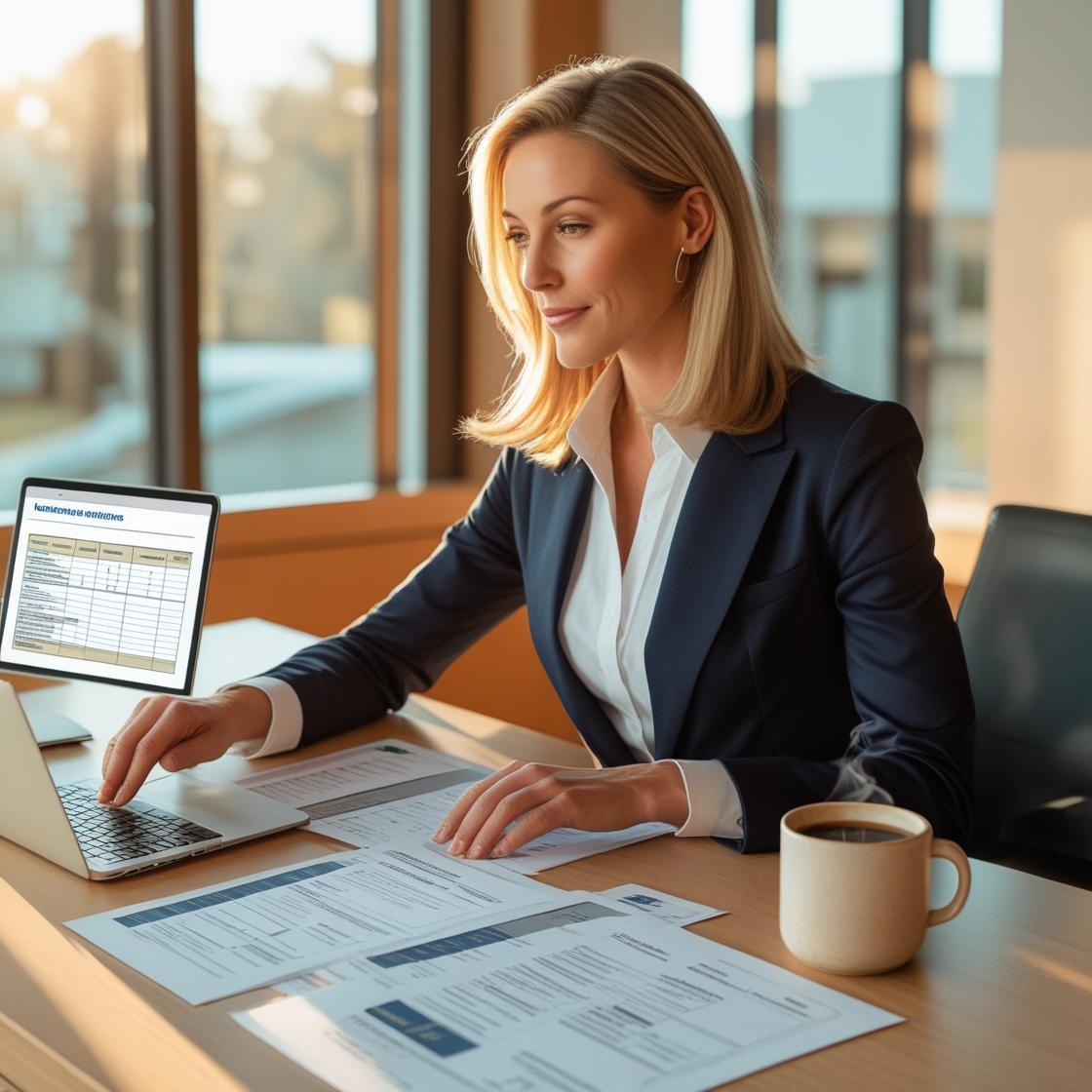 Small business owner reviewing insurance policy documents at office desk