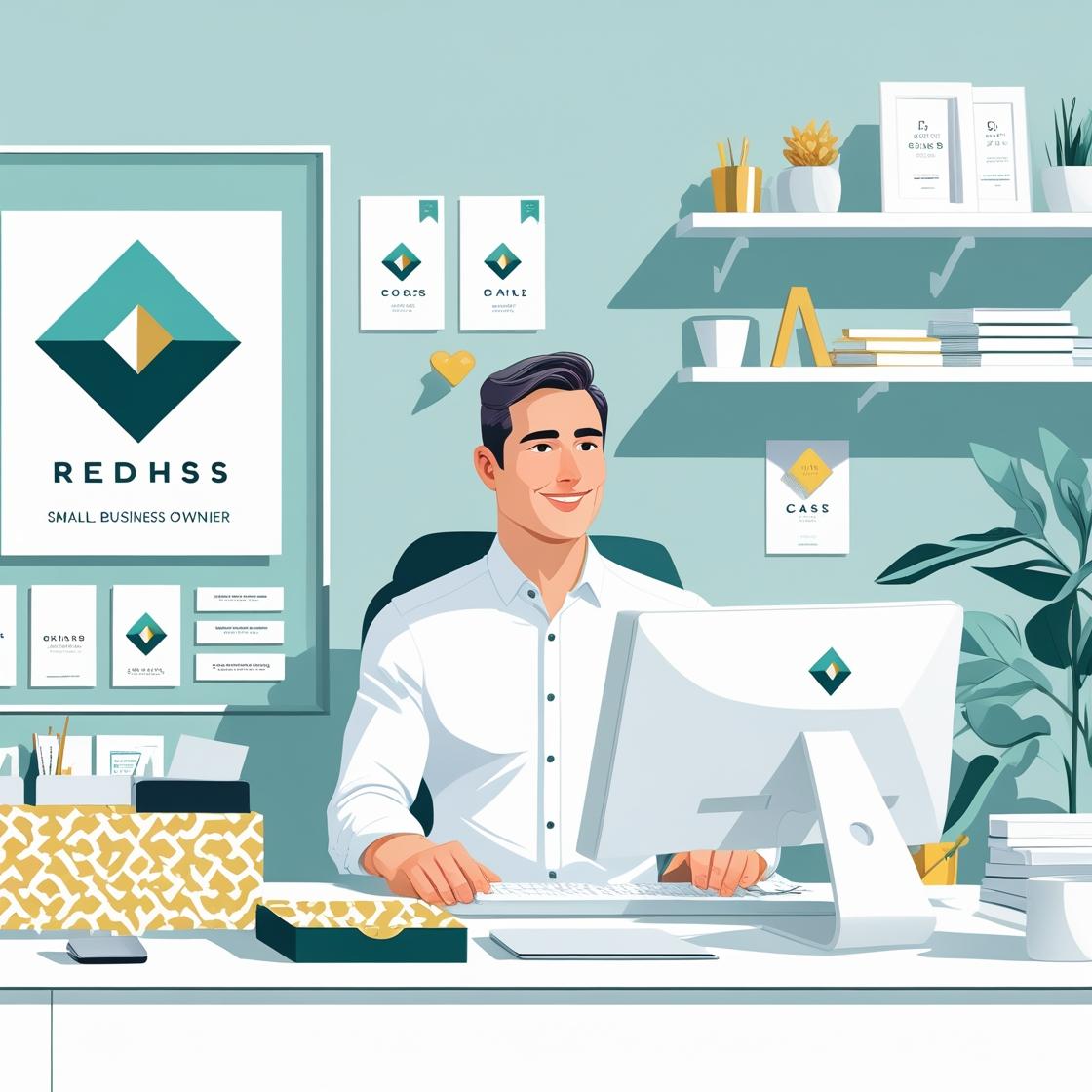 Illustration showing a small business owner presenting a cohesive brand identity including logo, colors, and marketing materials.