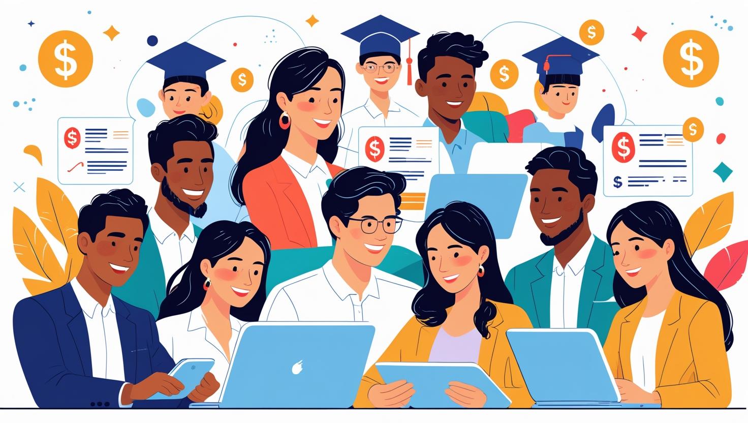 Students studying online for MBA programs in 2025 with laptops, graduation caps, and financial aid icons, symbolizing affordability and quality education.