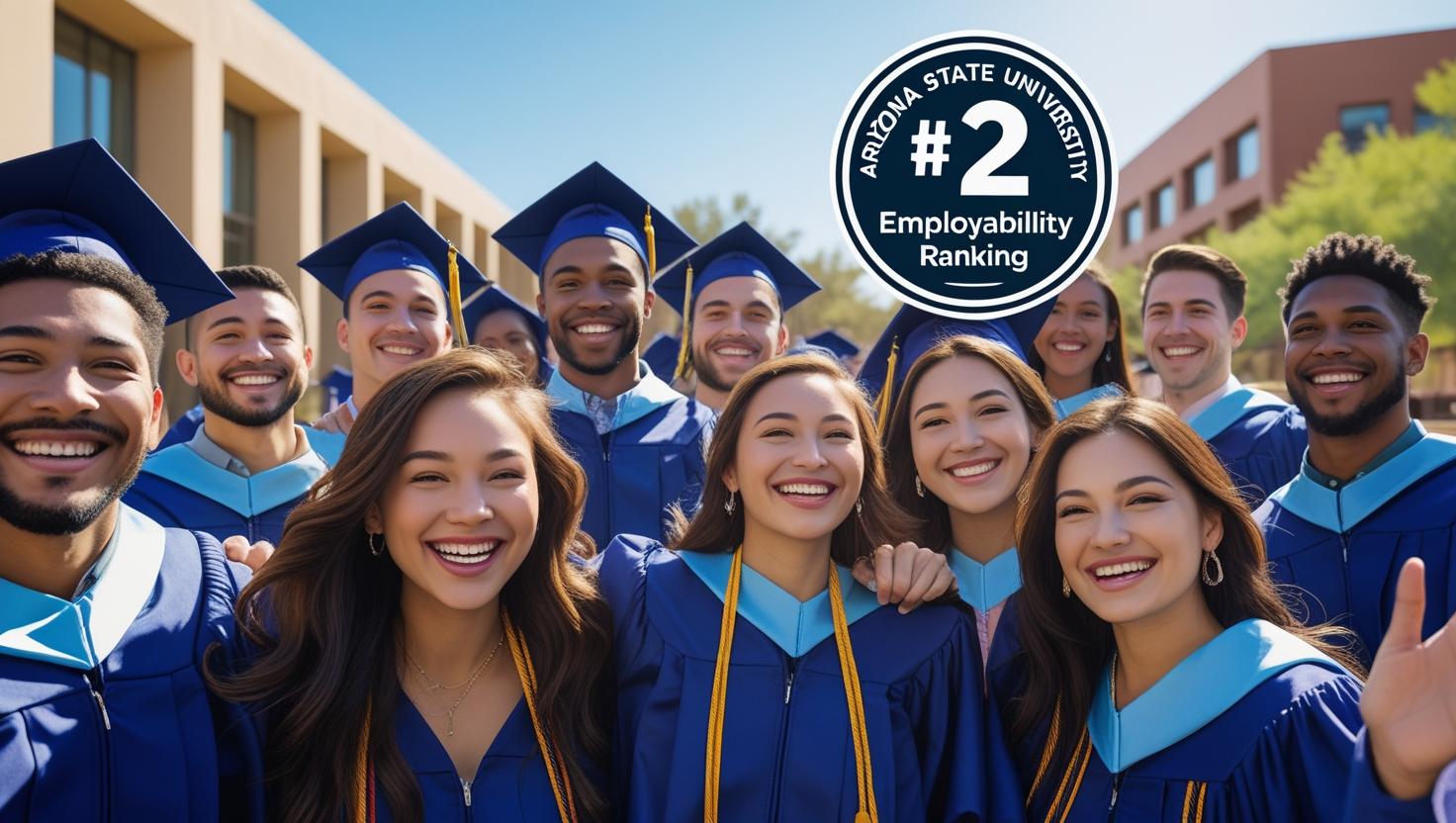 Arizona State University students celebrating graduation, representing ASU’s high employability ranking.